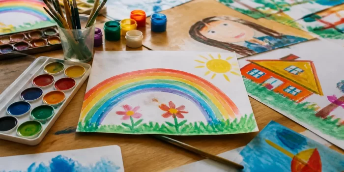 Vaikų piešiniai spalvų aiškinimas: spalvingi piešiniai ir dažai