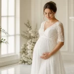 Vestuvinė suknelė nėštukei Vestuvinė suknelė nėštukei - elegantiškas modelis su aukštu liemeniu