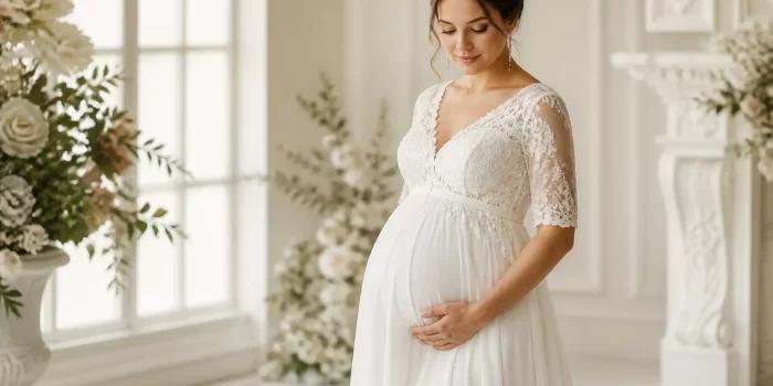 Vestuvinė suknelė nėštukei - elegantiškas modelis su aukštu liemeniu