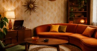 Retro stiliaus interjero idėjos: jauki svetainė su oranžine sofa, geometriniais raštais ir senoviniais baldais