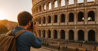 Roma kelionės fotoreportažas: Koliziejaus nuotrauka su fotografu