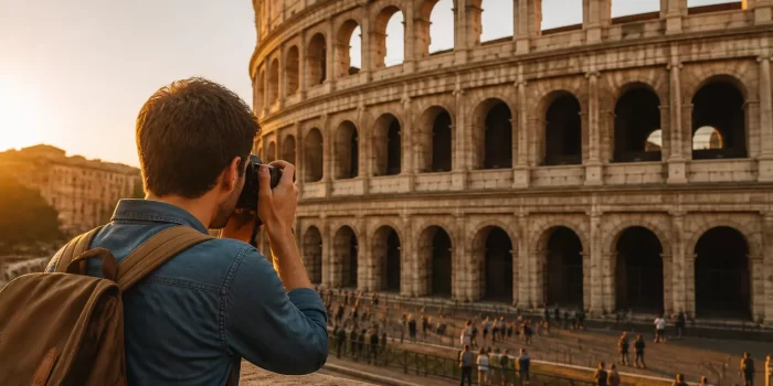 Roma kelionės fotoreportažas: Koliziejaus nuotrauka su fotografu